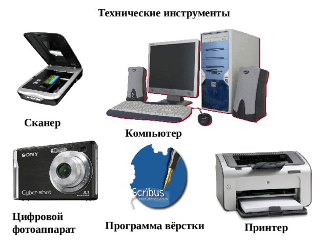 Технические инструменты Сканер Компьютер Цифровой фотоаппарат Программа вёрстки Принтер 