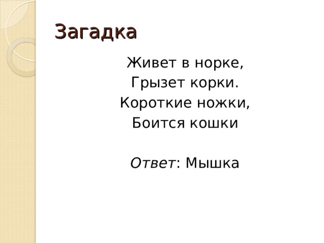 Загадка Живет в норке, Грызет корки. Короткие ножки, Боится кошки Ответ : Мышка 