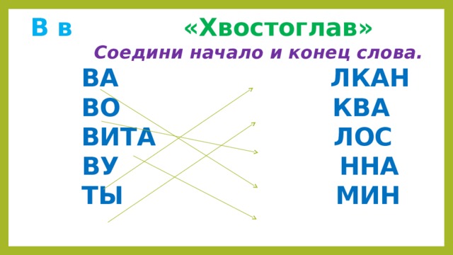 В в  «Хвостоглав»  Соедини начало и конец слова.  ВА ЛКАН  ВО КВА  ВИТА ЛОС  ВУ ННА  ТЫ МИН 
