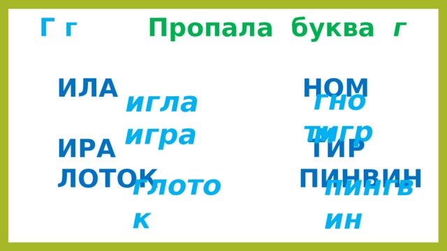  Г г  Пропала буква г   ИЛА НОМ  ИРА ТИР  ЛОТОК ПИНВИН   гном игла тигр игра глоток пингвин 
