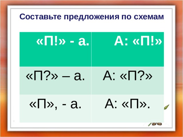 Составьте предложения по схемам «П!» - а. А: «П!» «П?» – а. А: «П?» «П», - а. А: «П».