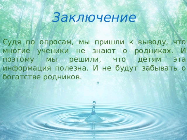 Заключение Судя по опросам, мы пришли к выводу, что многие ученики не знают о родниках. И поэтому мы решили, что детям эта информация полезна. И не будут забывать о богатстве родников.  