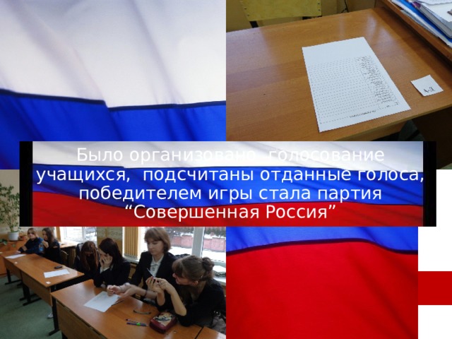 Было организовано голосование учащихся, подсчитаны отданные голоса, победителем игры стала партия “Совершенная Россия” 