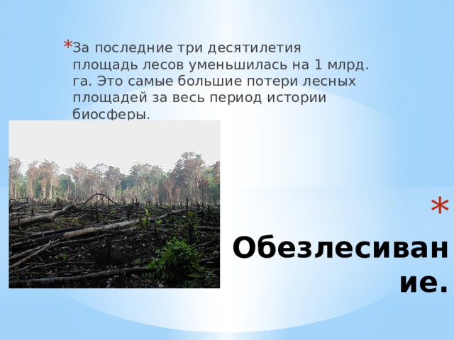 За последние три десятилетия площадь лесов уменьшилась на 1 млрд. га. Это самые большие потери лесных площадей за весь период истории биосферы.  Обезлесивание. 