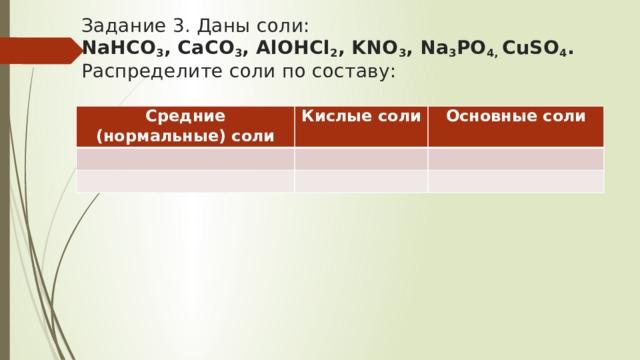 Задание 3. Даны соли:  NaHCO 3 , CaCO 3 , AlOHCl 2 , KNO 3 , Na 3 PO 4, СuSO 4 .  Распределите соли по составу: Средние (нормальные) соли Кислые соли Основные соли 