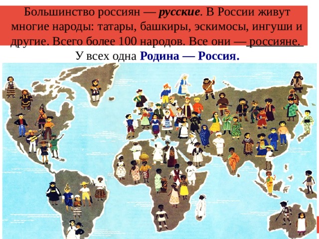 Большинство россиян — русские . В России живут многие народы: татары, башкиры, эскимосы, ингуши и другие. Всего более 100 народов. Все они — россияне. У всех одна Родина — Россия. 