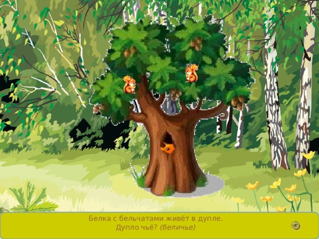 Белка с бельчатами живёт в дупле. Дупло чьё? (беличье) 