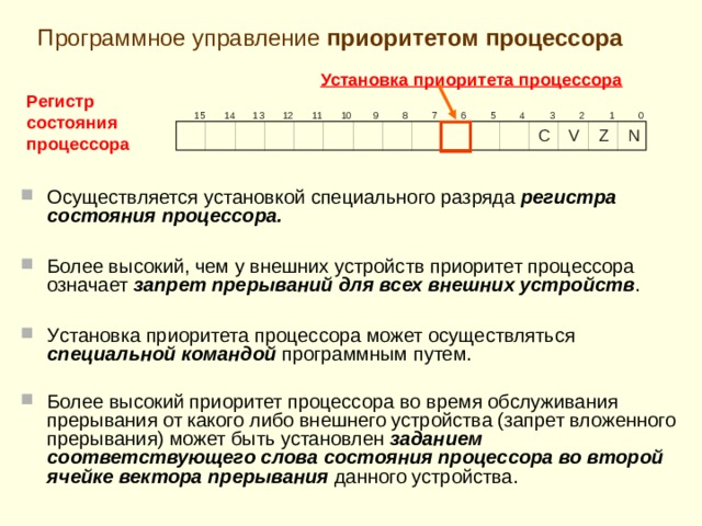 Ключевые моменты реализации механизма прерывания программы Использование прерываний по векторам , адреса которых для каждого внешнего устройства жестко фиксированы в памяти ЭВМ , обеспечивает полную свободу в размещении в ее памяти программ обслуживания прерываний  Адреса этих программ заносятся в соответствующие ячейки векторов при загрузке программ операционной системы  Использование стека для сохранения адреса возврата из прерывания и текущего слова состояния процессора позволяет естественным образом (как и при организации подпрограмм) реализовать процесс обслуживания вложенных прерываний 