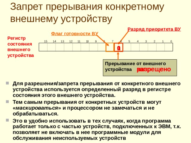 О бслуживание прерываний в соответствии с различными приоритетами внешних устройств  У частвующие в совместной работе устройства, включая и сам процессор, могут обладать различными приоритетами . Возможны ситуации, когда вообще нежелательны прерывания  какого-либо фрагмента программы. Разные назначение и функции внешних устройств делает необходимым  разрешение конфликта при одновременном требовании прерывания несколькими устройствами в пользу устройства с более высоким приоритетом. Возможны случаи, когда вообще нежелательны прерывания от конкретных внешних устройств , например, не используемых в конкретной программе пользователя.  
