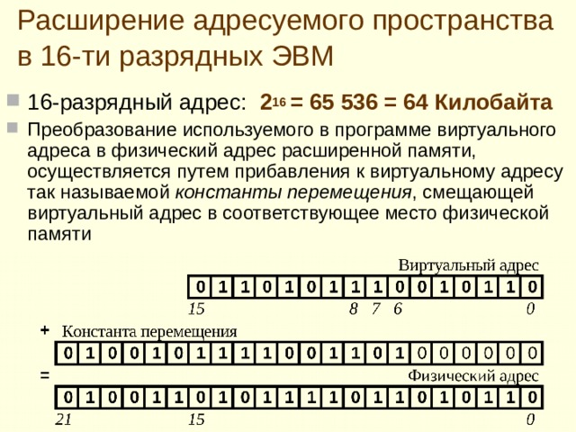 Виртуальная память Принцип виртуальной памяти предполагает, что пользователь при подготовке своей программы имеет дело не с физической оперативной памятью , работающей в составе конкретной вычислительной системы, а с виртуальной (т. е. кажущейся ) памятью.  Емкость виртуальной памяти равна всему адресному пространству , определяемому размером адресных полей в форматах команд.   Пользователь имеет в своем распоряжении все адресное пространство системы независимо от объема ее фактической физической памяти и объемов и расположения областей памяти, необходимых для других программ, участвующих в мультипрограммной обработке.  На всех этапах подготовки программ, включая загрузку в оперативную память, программа представляется в виртуальных адресах , начинающимися от нулевого адреса.  Пользователь заранее не знает, где в физической памяти будет располагаться его программа . 