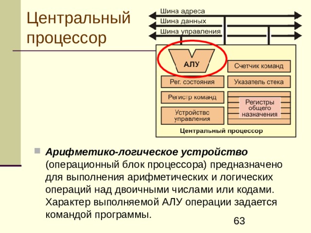 Центральный процессор Арифметико-логическое устройство (операционный блок процессора) предназначено для выполнения арифметических и логических операций над двоичными числами или кодами. Характер выполняемой АЛУ операции задается командой программы. 