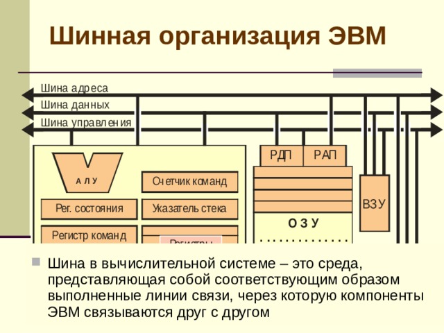 Центральный процессор Регистр- указатель стека (УС) (Stack Pointer – SP) Р егистр процессора, предназначенный для организации в памяти ЭВМ аппаратно управляемого стека ,  т.е. совокупности ячеек памяти, доступ к которым осуществляется не по адресу , а через так называемую « вершину стека » . Содержимое регистра-указателя стека интерпретируется процессором как адрес ячейки памяти, являющейся вершиной стека. 