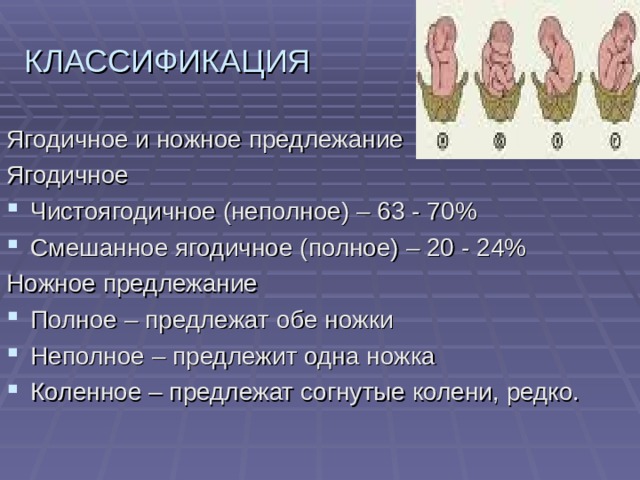 КЛАССИФИКАЦИЯ Ягодичное и ножное предлежание Ягодичное Чистоягодичное (неполное) – 63 - 70% Смешанное ягодичное (полное) – 20 - 24% Ножное предлежание Полное – предлежат обе ножки Неполное – предлежит одна ножка Коленное – предлежат согнутые колени, редко. 