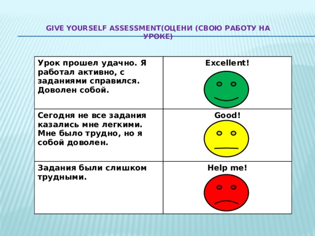 Give yourself assessment(оцени (свою работу на уроке) Урок прошел удачно. Я работал активно, с заданиями справился. Доволен собой. Excellent! Сегодня не все задания казались мне легкими. Мне было трудно, но я собой доволен. Good! Задания были слишком трудными. Help me! 