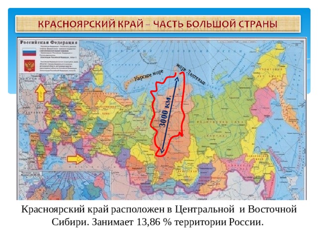 3000 км . Карское море море Лаптевых Красноярский край расположен в Центральной и Восточной Сибири. Занимает 13,86 % территории России.  