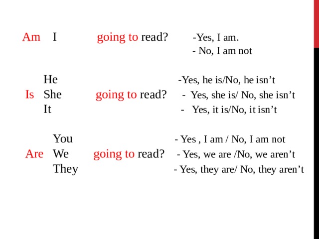 Am I going to read? -Yes, I am.  - No, I am not  He -Yes, he is/No, he isn’t  Is She going to read? - Yes, she is/ No, she isn’t  It - Yes, it is/No, it isn’t  You - Yes , I am / No, I am not  Are We going to read? - Yes, we are /No, we aren’t  They - Yes, they are/ No, they aren’t 