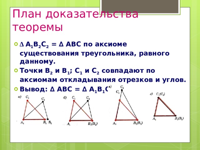 План доказательства теоремы ∆ А 1 В 2 С 2 = ∆ АВС по аксиоме существования треугольника, равного данному. Точки В 2 и В 1 ; С 1 и С 2 совпадают по аксиомам откладывания отрезков и углов. Вывод: ∆ АВС = ∆ А 1 В 1 С 1 . 