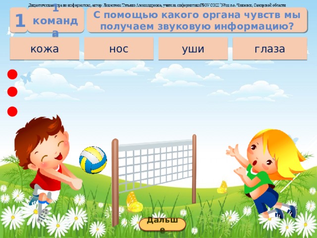 1 команда С помощью какого органа чувств мы получаем звуковую информацию? 1 глаза уши нос кожа Дальше 