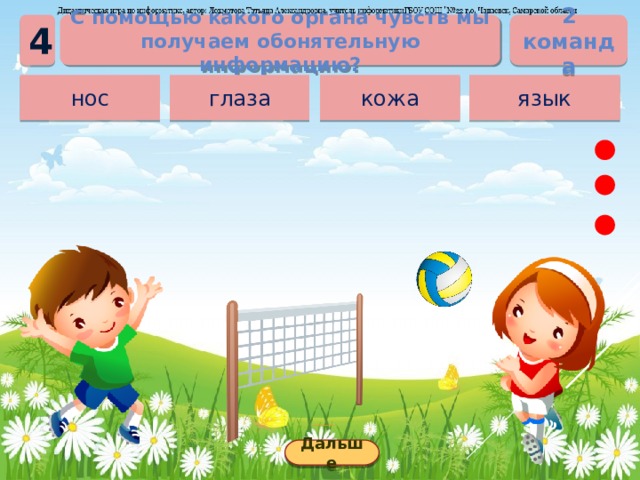 2 команда С помощью какого органа чувств мы получаем обонятельную информацию? 4 язык кожа нос глаза Дальше 