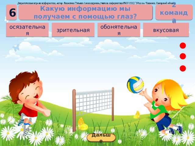 2 команда Какую информацию мы получаем с помощью глаз? 6 вкусовая обонятельная зрительная осязательная Дальше 