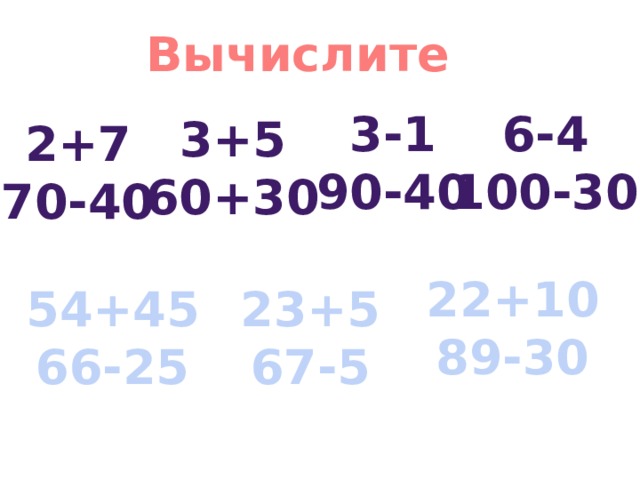 Вычислите 6-4 3-1 90-40 100-30 3+5 60+30 2+7 70-40 22+10 89-30 54+45 23+5 66-25 67-5 