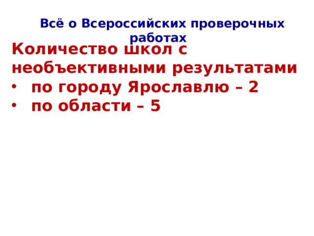 Всё о Всероссийских проверочных работах Количество школ с необъективными результатами по городу Ярославлю – 2 по области – 5 