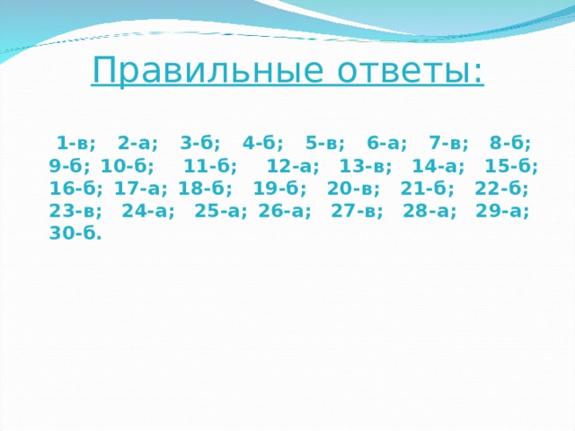 Правильные ответы:   1-в; 2-а; 3-б; 4-б; 5-в; 6-а; 7-в; 8-б; 9-б; 10-б; 11-б; 12-а; 13-в; 14-а; 15-б; 16-б; 17-а; 18-б; 19-б; 20-в; 21-б; 22-б; 23-в; 24-а; 25-а; 26-а; 27-в; 28-а; 29-а; 30-б. 
