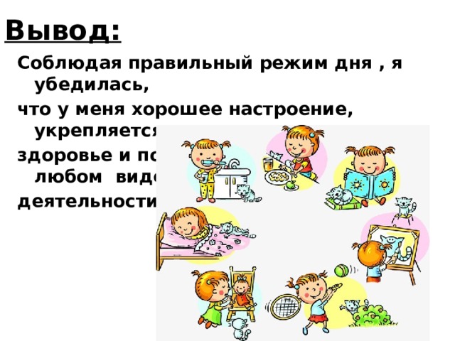 Вывод: Соблюдая правильный режим дня , я убедилась, что у меня хорошее настроение, укрепляется здоровье и повышается активность в любом виде деятельности. 