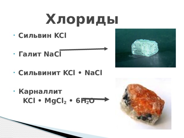 Хлориды Сильвин KCl  Галит NaCl  Сильвинит KCl • NaCl  Карналлит  KCl • MgCl 2 • 6H 2 O  