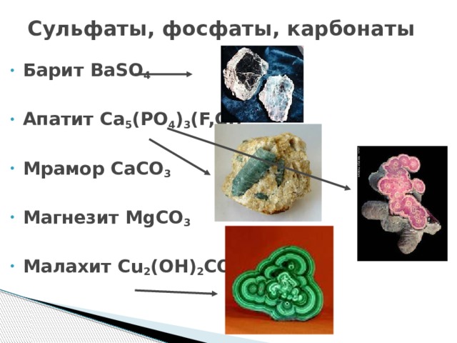 Сульфаты, фосфаты, карбонаты Барит BaSO 4  Апатит Ca 5 (PO 4 ) 3 (F,CI)   Мрамор CaCO 3  Магнезит MgCO 3  Малахит Cu 2 (OH) 2 CO 3  