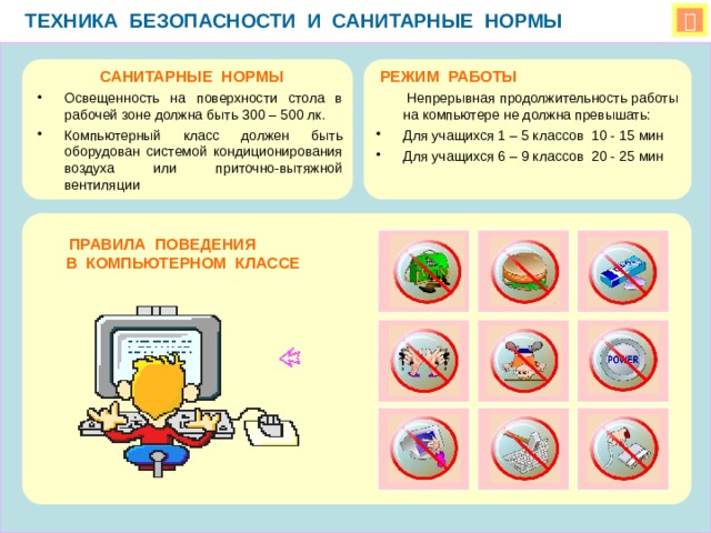 ТЕХНИКА БЕЗОПАСНОСТИ И САНИТАРНЫЕ НОРМЫ   САНИТАРНЫЕ НОРМЫ  РЕЖИМ РАБОТЫ  Непрерывная продолжительность работы на компьютере не должна превышать: Освещенность на поверхности стола в рабочей зоне должна быть 300 – 500 лк. Компьютерный класс должен быть оборудован системой кондиционирования воздуха или приточно-вытяжной вентиляции Для учащихся 1 – 5 классов 10 - 15 мин Для учащихся 6 – 9 классов 20 - 25 мин  ПРАВИЛА ПОВЕДЕНИЯ В КОМПЬЮТЕРНОМ КЛАССЕ 