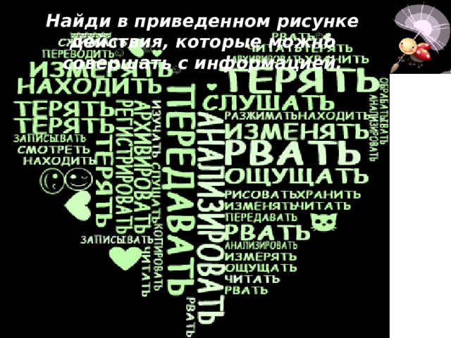 Найди в приведенном рисунке действия, которые можно совершать с информацией. 