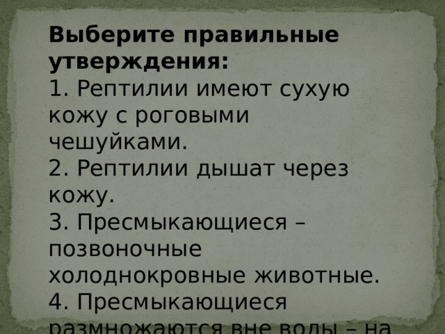 Выберите верное утверждение рептилии. Выберите правильные утверждения рептилии.