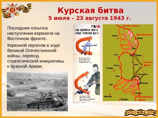 Курская битва 5 июля – 23 августа 1943 г. Последняя попытка наступления вермахта на Восточном фронте. Коренной перелом в ходе Великой Отечественной войны, переход стратегической инициативы к Красной Армии. 