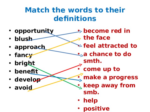 Match the words to their definitions opportunity blush approach fancy bright benefit develop avoid become red in the face feel attracted to a chance to do smth. come up to make a progress keep away from smb. help positive 