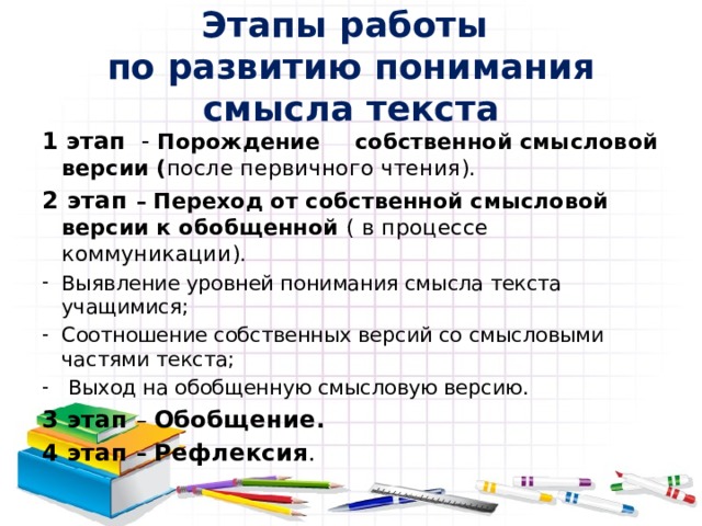 Этапы работы  по развитию понимания смысла текста 1 этап - Порождение  собственной смысловой версии ( после первичного чтения). 2 этап – Переход от собственной смысловой версии к обобщенной ( в процессе коммуникации) . Выявление уровней понимания смысла текста учащимися; Соотношение собственных версий со смысловыми частями текста;  Выход на обобщенную смысловую версию. 3 этап – Обобщение. 4 этап – Рефлексия . 