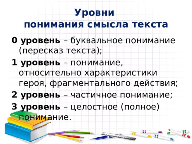 Уровни  понимания смысла текста 0 уровень – буквальное понимание (пересказ текста); 1 уровень – понимание, относительно характеристики героя, фрагментального действия; 2 уровень – частичное понимание; 3 уровень – целостное (полное) понимание. 