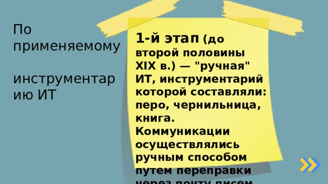 По применяемому  инструментарию ИТ 1-й этап  (до второй половины XIX в.) — 