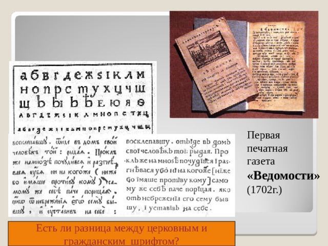 Первая печатная газета «Ведомости» (1702г.) Гражданский  шрифт  Есть ли разница между церковным и гражданским шрифтом? 