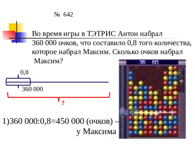 № 642 Во время игры в ТЭТРИС Антон набрал 360 000 очков, что составило 0,8 того количества, которое набрал Максим. Сколько очков набрал  Максим? 0,8 360 000 ? 1)360 000:0,8=450 000 (очков) –  у Максима 