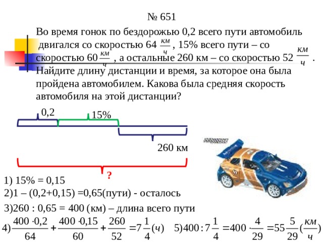 № 651 Во время гонок по бездорожью 0,2 всего пути автомобиль  двигался со скоростью 64 , 15% всего пути – со скоростью 60 , а остальные 260 км – со скоростью 52 . Найдите длину дистанции и время, за которое она была пройдена автомобилем. Какова была средняя скорость автомобиля на этой дистанции? 0,2 15% 260 км ? 1) 15% = 0,15 2)1 – (0,2+0,15) =0,65(пути) - осталось 3)260 : 0,65 = 400 (км) – длина всего пути 