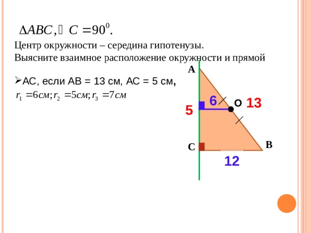Центр окружности – середина гипотенузы. Выясните взаимное расположение окружности и прямой А АС, если АВ = 13 см, АС = 5 см , 6 13 О 5 В С 12 