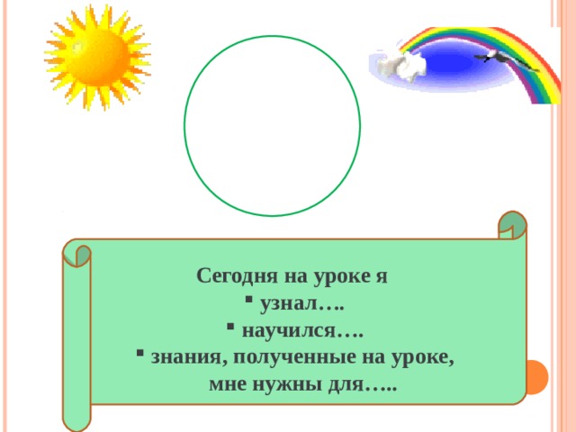Сегодня на уроке я  узнал….  научился….  знания, полученные на уроке,  мне нужны для….. 