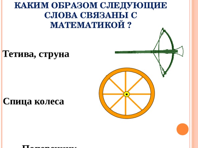 КАКИМ ОБРАЗОМ СЛЕДУЮЩИЕ СЛОВА СВЯЗАНЫ С МАТЕМАТИКОЙ ? Тетива, струна Спица колеса Поперечник  