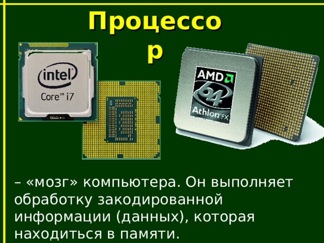 Процессор – «мозг» компьютера. Он выполняет обработку закодированной информации (данных), которая находиться в памяти. 