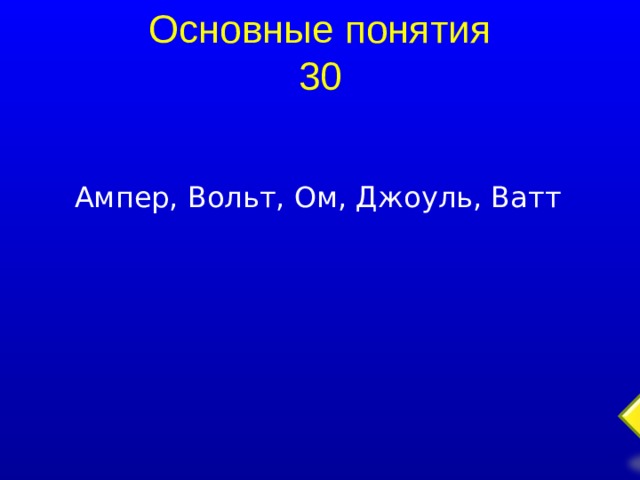 Основные понятия 30 Ампер, Вольт, Ом, Джоуль, Ватт  