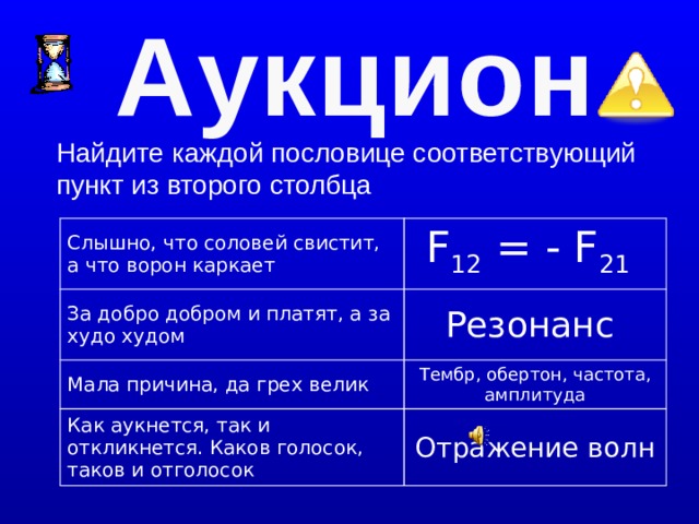 Аукцион Найдите каждой пословице соответствующий пункт из второго столбца Слышно, что соловей свистит, а что ворон каркает F 12 = - F 21  За добро добром и платят, а за худо худом Резонанс Мала причина, да грех велик Тембр, обертон, частота, амплитуда Как аукнется, так и откликнется. Каков голосок, таков и отголосок Отражение волн  