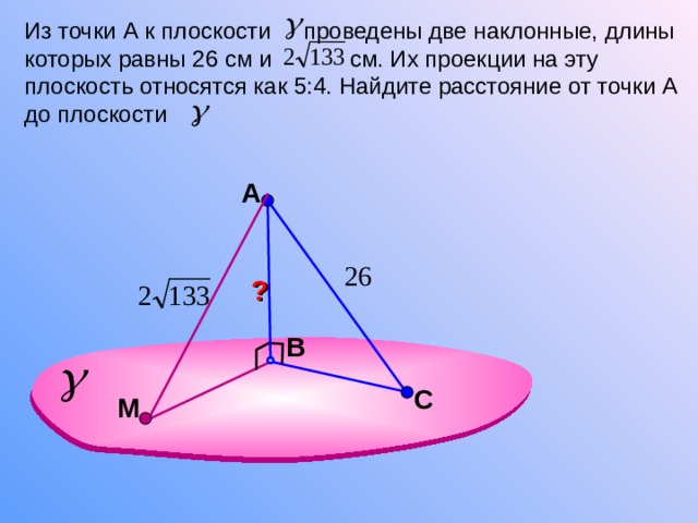 Из точки А к плоскости проведены две наклонные, длины которых равны 26 см и см. Их проекции на эту плоскость относятся как 5:4. Найдите расстояние от точки А до плоскости . A ? В С М 13 