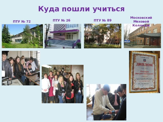 Куда пошли учиться Московский Меховой Колледж ПТУ № 26 ПТУ № 89 ПТУ № 72 