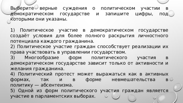 Политическое участие в демократическом государстве план